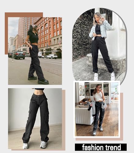Dordanity Y2K Cargohose für Damen Baggy Hosen High Waist Wanderhose Baumwolle Arbeitshose mit Multi Taschen(Schwarz,L)