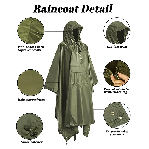 Accevo Regenjacke Regenponcho Grün, Regencape mit Kapuze 3 in 1 Multifunktional Atmungsaktiv Regenjacke Herren & Damen, Regenmantel Wasserdichter für Regenponcho festival, Camping, Wandern, Picknick.