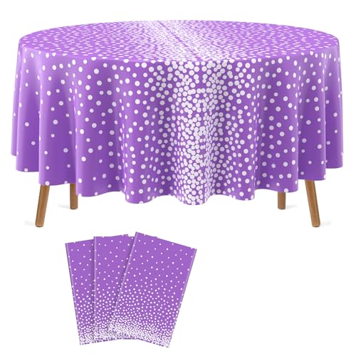 VitalCozy 3 Pcs Round Dot Tablecloth 84 Inch Plastic, Purple,Silver