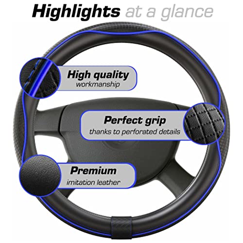 Upgrade4cars Blue & Black Leather Look Steering Wheel Cover | Universal Fit 14.5-15 inch Steering Wheel Cover for Summer & Winter | Car Interior Accessories Gift Ideas | Gifts for Women and Men - Image 4