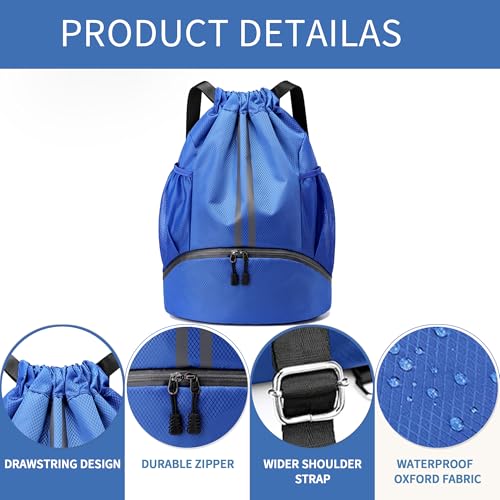 Image of JELUTAR Drawstring Backpack Gym Bag with Shoes Compartment, Blue