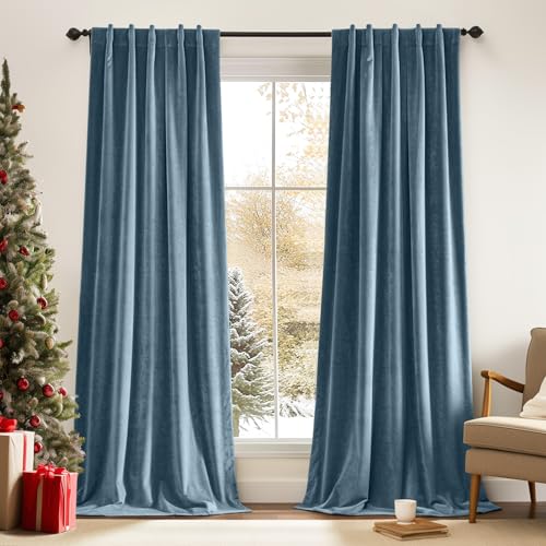 TOPICK Cortinas opacas de terciopelo con cordón, cortina opaca térmica, para salón o dormitorio, 2 unidades, 175 x 130 cm, gris azulado