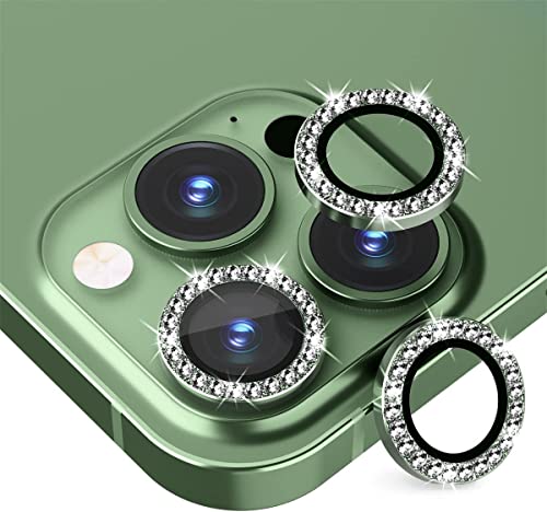 Image of Camera Lens Protector Tempered Glass Screen Protector, Anti-Scratch Premium Tempered Glass Film Aluminum Alloy 3D Lens Ring Cover for IPgone 13 Pro-For iPhone 13 Pro Max - (3 Pack, Alphine Green Diamond