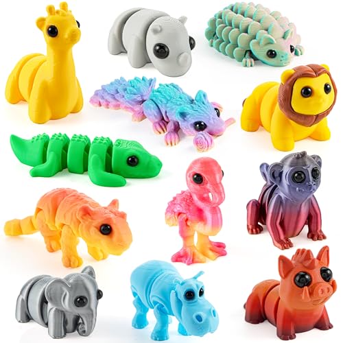 JOYIN 12PCS Safari Animal 3D Printed Toys, Mini Animals 3D Printed Toys, Cute Articulated Flexible Figurines Fidget Toys for Party Favors Classroom Desk Pets Home Decor