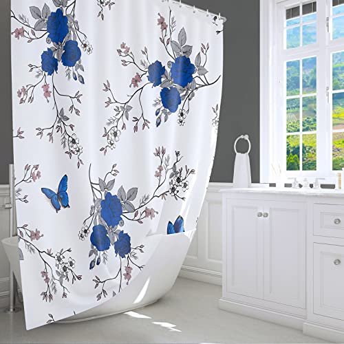 LIVETTY Floral Shower Curtain 180 x 180 cm Plants Bathroom Curtain Floral Butterfly Fabric Bathroom Mould Proof Spring Washable Shower Curtain with 12 Hooks Washable Quick-Drying (Blue) - Image 2