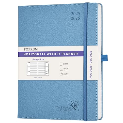 POPRUN Academic Diary 2025-2026 Hardback Week to View Large (26.5x21.5 cm) 25/26 Horizontal Weekly Planner 17 Months (Aug'25 - Dec'26) Mid Year, Inner Pocket (Aquamarine)