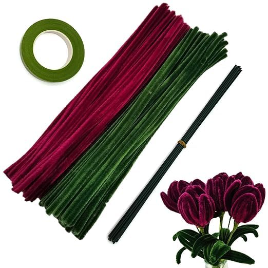 100 Pcs Pipe Cleaners Craft Set (50 Maroon + 50 Dark Green) with Floral Tape & 10 Floral Wires | Chenille Stems for DIY Flower Making, Art & Craft Projects, Decoration & Handmade Crafts-image-16