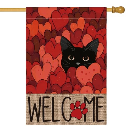 Drapeau de maison Saint-Valentin 71x101,6 cm double face avec motif de chat noir et cœur pour cour