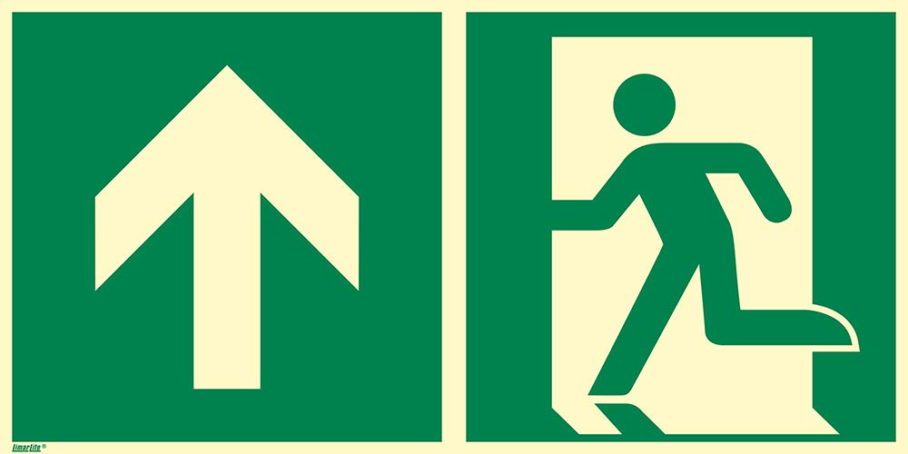 Notausgang geradeaus, durch die Tür oder aufwärts, Hart-PVC, langnachleuchtend 55/8 mcd DIN 67510 Leuchtklasse B, 600 x 300 mm gemäß ASR A1.3 / ISO 7010 E001, Rettungszeichen Schild, 60 x 30 cm