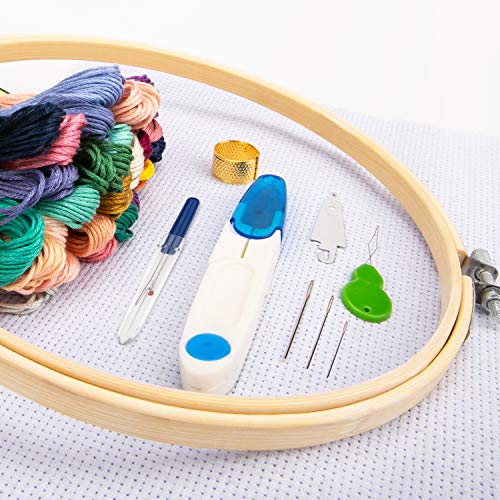 Embroidery Starter Kit,100 Color Threads,5 PCS Bamboo Embroidery Hoops,2 PCS 11.8 inches Aida Cloth,and Cross Stitch Hand Embroidery NeedlePoint Kit Beginner Supplies