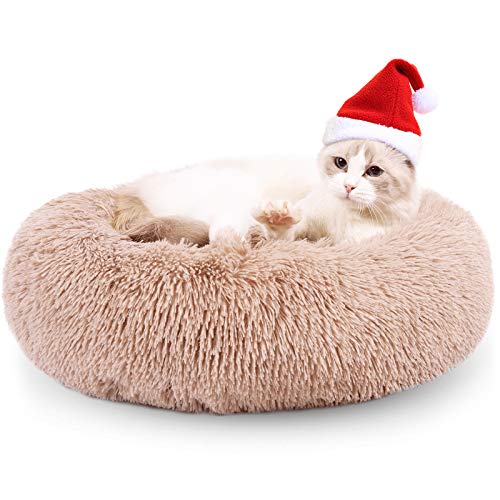 Fluffy Donut Cuddler Pet Bed, Cat and Dog Calming Indoor Cushion Bed with Non-Slip Bottom for Improved Sleep, Machine Washable Long Plush Soft Round Sofa Bed - 24 Inch for Puppy and Kitties, Khaki
