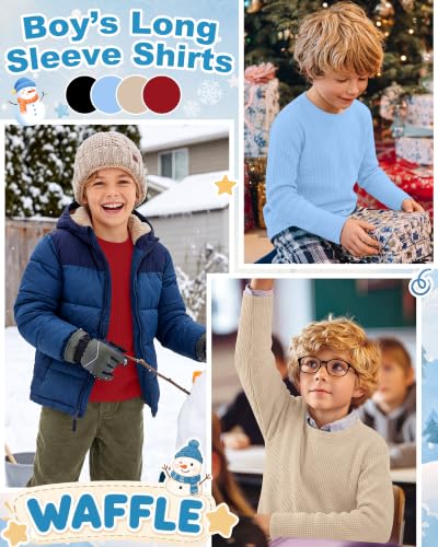 Image of 4 Pack Boys Long Sleeve Waffle Shirts | School Sweaters for Boys, Waffle Knit Thermal Shirts, Crewneck Thermal Casual Tops, Fall, Winter, Kids Clothes for 5-14 Y