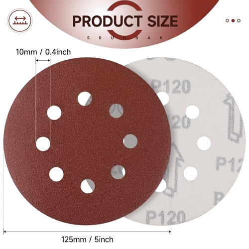 Miniatura 2 de Sruhrak 100 Piezas Disco De Lija 120 Grano, 125 Mm Redondas Papel De Lija 8 Agujeros Hojas De Lija Para Lijadora Orbital Excéntrica