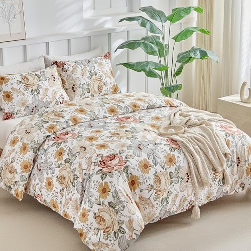Image of Lekesky Queen Duvet Cover Set, Reversible Vintage Flowers Print Comforter Cover Queen Size 3pc, Soft 100% Washed Microfiber Breathable Bedding Sets with Zipper Ties and 2 Pillowcases
