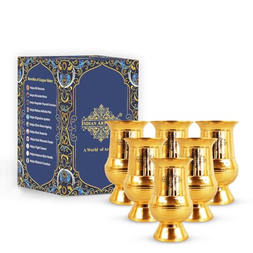 Image of INDIAN ART VILLA Brass Gold Vertical Lining Glass, Traditional Drinking Glass for Water, Lassi, Buttermilk & Milk, Elegant Serveware Tumbler for Home, Kitchen & Restaurant, 200 ML, Set of 6