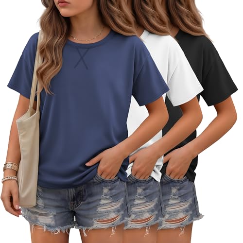 LessonZoo 3 Pack Girls T Shirts Kids Short Sleeve Crewneck Tops Loose Fit Summer Comfy Basic Casual Blouse Teen 5-14 Years(Haze Blue, White, Black,7-8 Years)