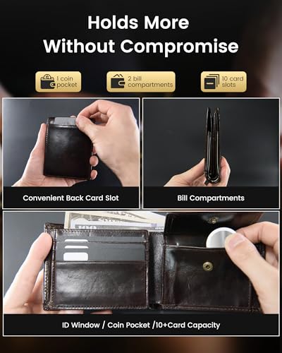 Genuine Leather Wallet for Men - Top Grain & RFID Blocking - Men's Bifold Vintage Slim Front Pocket Wallets, ID Window 2 Cash Slots 10+ Card Holder with Minimalist Coin Pocket2