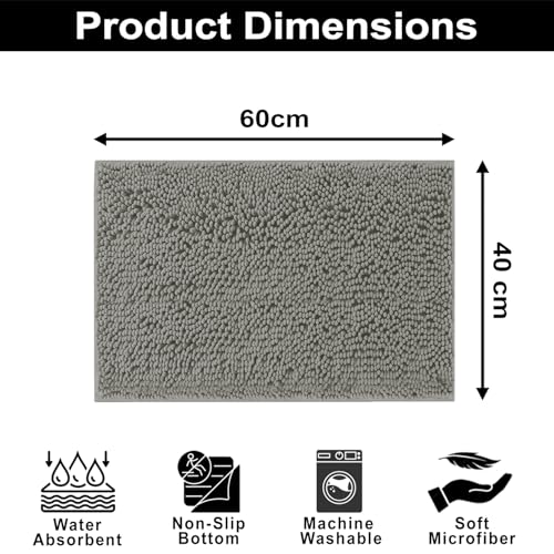 Image of LUXE HOME INTERNATIONAL Shaggy Chenille Bath Mat Extra Soft Super Absorbent Anti Skid Popcorn Door Mats for Home Entrance, Bathroom, Bedroom, Kitchen, Floor Mat (40x60 cm Grey) Pack of 1