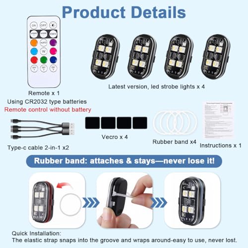 Image of STHIRA 4 Pack Waterproof LED Navigation Lights with Remote Control Without Battery 8-Color Switchable Multi Flashing Modes Modified Motorcycle Lights USB Rechargeable for Car Scooter Helmet Bike
