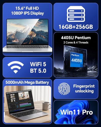 Image of 15.6 inch Laptop 16GB RAM, Win 11 Pro Computer, Pentium 2C4T 2.10GHz Base Speed