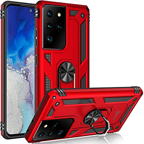 CoverON Ring Kickstand Designed for Samsung Galaxy S21 Ultra 5G Case, Rugged Phone Cover Magnetic Mount Compatible - Red