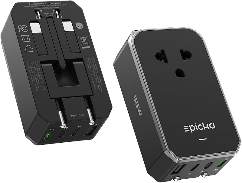 Adaptador de viaje universal EPICKA Air 65W PD&QC con 1AC/3USB-C/1USB-A | Adaptador de enchufe de tamaño delgado y compacto para EE. UU., UE, Reino Unido, AU, admite carga rápida para múltiples dispositivos, no es un convertidor de voltaje, negro