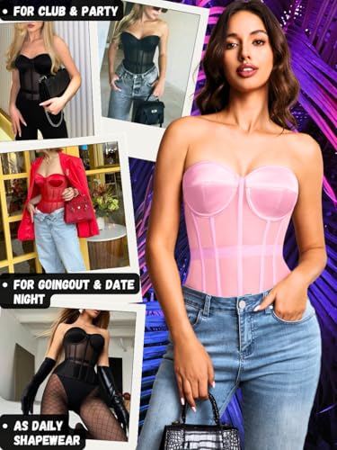 Image of Kaei&Shi Sheer Mesh Overbust Corset,Sexy Strapless Lace Up Satin Bra Corsets Top For Women Shapewear