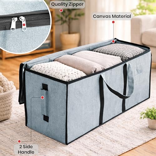 Image of Storite Multi-Purpose Heavy Duty Moisture Proof 81 Litres Canvas Super-Size Jumbo Underbed Storage Bag /Toys /Blankets /Stationery Paper /Clothes Storage Bag (87x36x26 cm) (Light Grey)
