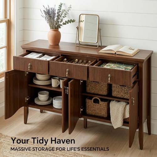 Image of FUSUNBAO 57 inch Fluted Sideboard Buffet,Retro Storage Cabinet, Walnut | 3 Drawers and 4 Doors, Vintage Fluted with Scalloped Base, Organic Modern Accent Cabinet, For Dining Room