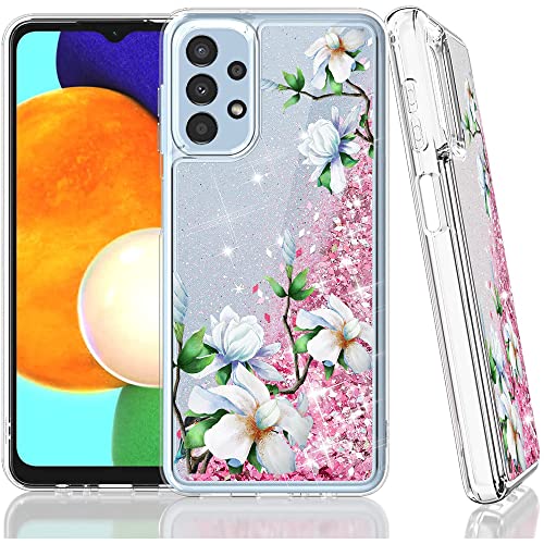 QC-EMART pour Samsung Galaxy A33 5G Coque Glitter Liquide Paillette Flottant Sables Silicone TPU Bumper Filles Femmes Étui Antichoc Brillante Housse, Blanche Fleurs Cover