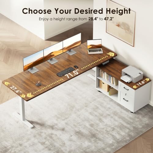 Image of OffiGo 71 inch L Shaped Electric Standing Desk with Cabinet Sets, Walnut /White | Mobile Drawers & File Cabinet Sets for Flexible Layout, Height Adjustable Executive Stand Up Desk for Home Office Workstation