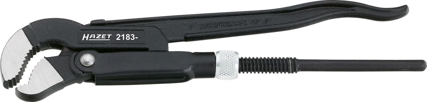 Llave angular para tubos HAZET 2183-2 I con sujeción en 3 puntos I diseño forjado I mordaza en forma de S, acodada 45grados I llave para tubos con un rango de sujeción de 65 mm | Cromo vanadio, recubrimiento en polvo, DIN 5234, longitud 535 mm, rango de s
