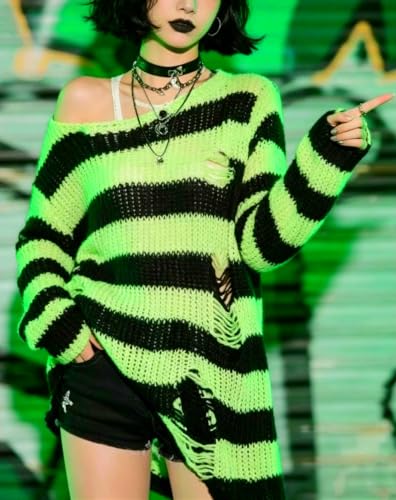 Image of Goth Y2K Striped Sweater Grunge Ripped Punk Gothic Sweaters for Women
