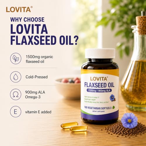 Image of LOVITA Vegan Flaxseed Oil 1500mg, 900mg ALA, 180 Softgels | Cold-Pressed Omega 3-6-9, Plant-Based, Fish-Free, No Fishy Burps, cGMP Made in USA, 90 Servings