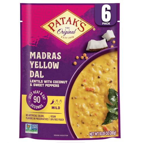 Image of Patak's Madras Yellow Dal - Savory Yellow Lentils in Creamy Coconut Milk w /Sweet Peppers & Spices - Vegan Microwaveable Meal for Quick Lunches or Dinners - Serve w /Rice or Naan - 10.05oz (Pack of 6)