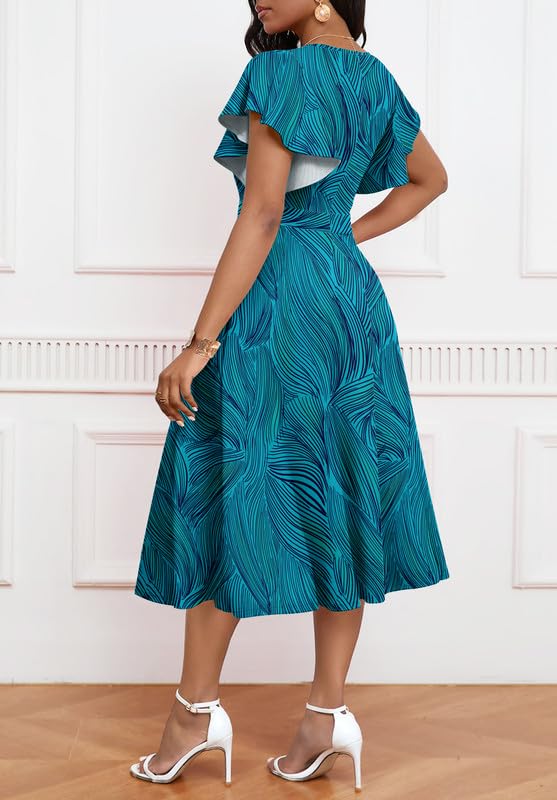 Image of MarryUP Women's Cocktail Midi Dress Elegant V Neck Ruffle Short Sleeve Wrap Wedding Guest Semi Formal A Line Dress