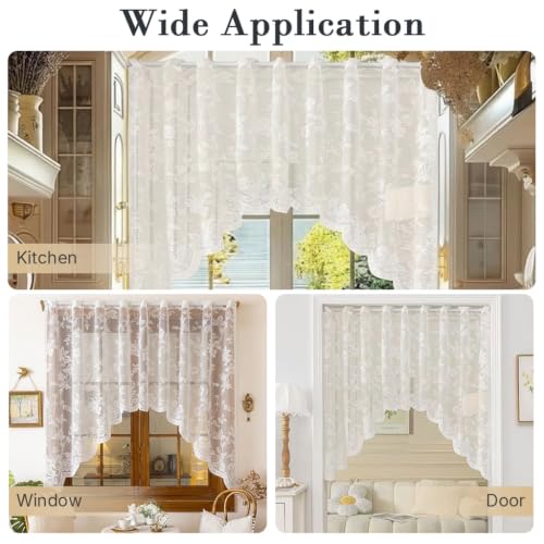 Image of HASTHIP Lace Arched Sheer Curtain Embroidered Rod Pocket Tier | Lightweight and breathable, delicate lace embroidery pattern and machine washable for easy daily maintenance