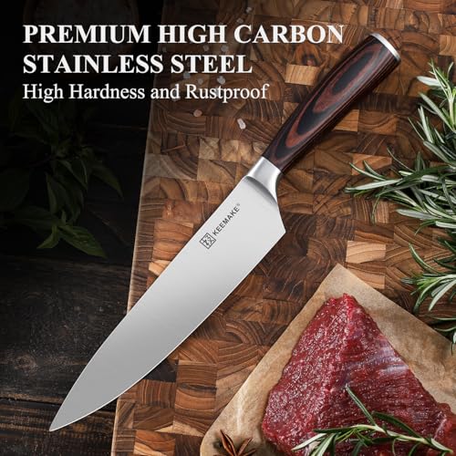 KEEMAKE Profi Kochmesser 20 cm - Extrem Scharfes Küchenmesser aus Edelstahl mit Ergonomischem Pakkaholz-Griff - Vielseitiges Fleischmesser & Allzweckmesser für Küche, BBQ & Outdoor, Vatertagsgeschenk 6