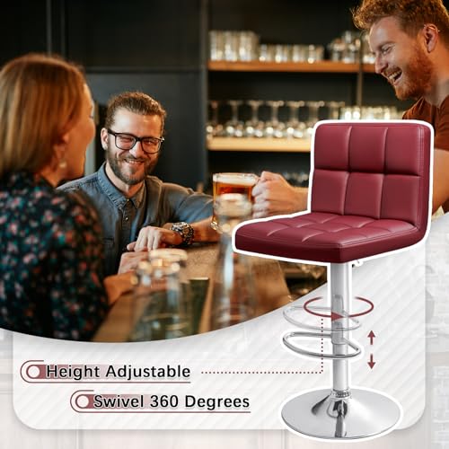 Image of Homall Bar Stools Modern PU Leather Adjustable Swivel Barstools, Armless Hydraulic Kitchen Counter Bar Stool Extra Height Square Island Barstool with Back Set of 2 (Wine Red)