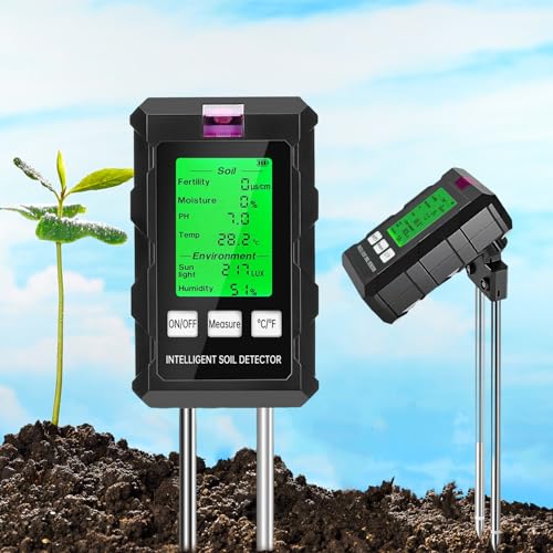 Medidor de Suelo 6 en 1 - Análisis de Fertilidad/Humedad/pH/Temperatura/Luz Solar/Humedad Ambiental, con Doble Sonda + Pantalla LCD Retroiluminada, para Plantas, Jardinería， Invernadero, Agricultura