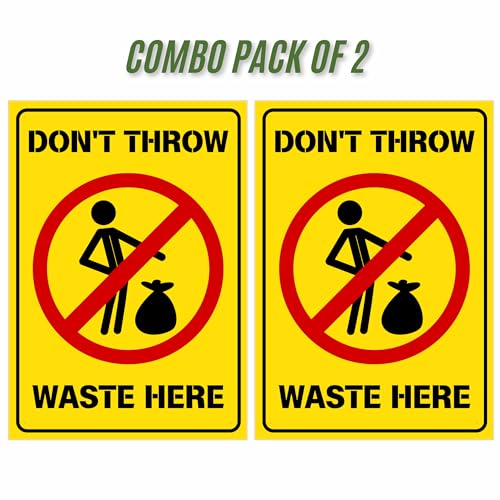 Image of Don't Throw Waste Here Sign Sticker Board | 20.5 x 14.5 CM | Peel & Stick or Screw Fixing | Pack of 2 Waste Warning Sign for Home, Office, Shop & Public Areas (Don't throw waste here, Medium -20.5 x 14.5 CM)