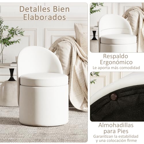 COSTWAY Puff Almacenaje Redondo de 38L, 49 x 48 x 68 cm, Taburete Tocador Tapizado con Tapa Extraíble, Respaldo, Asiento Acolchado de Espuma, Reposapies para Salón, Sofá, Entrada, Carga 150 kg, Blanco - imagen 4