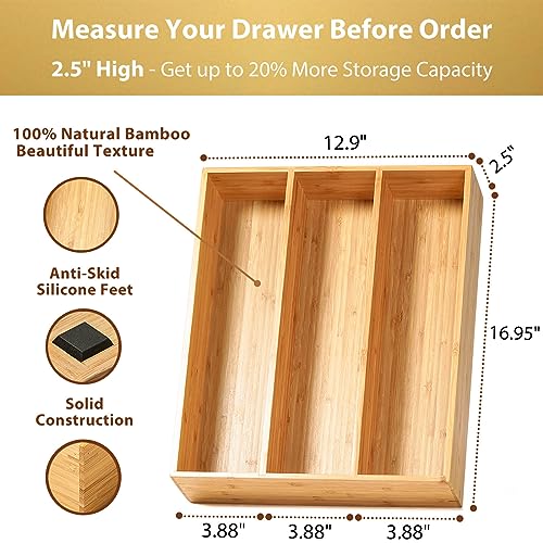 image for Umilife Bamboo Kitchen Utensils Organizer, 13 Inch Drawer Dividers for