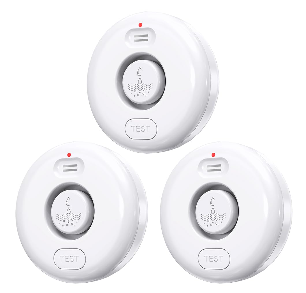 Detectores de fugas de agua, 3 unidades, sensor de alarma de agua fuerte ajustable de 120 dB, alarma inalámbrica de fugas de agua y goteo para el hogar, cocina, baño, fregadero, lavandería