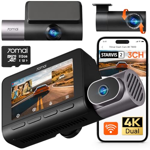 70mai 4K T800 3 Channel Dash Cam, Dash Cam Front and Rear Inside(2160P+2160P+1080P), STARVIS 2 IMX678, HDR Night Vision, Dash Camera for Cars with 512GB Card, WiFi 6, 4G LTE, ADAS, 24H Parki