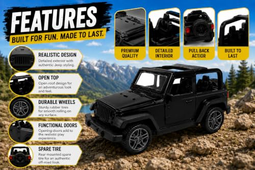Image of Braintastic Model Diecast Car Toy Vehicle Pull Back Friction with Openable Doors Light & Music Toys for Kids Age 3+ Years (Thar Jeep Small Black)