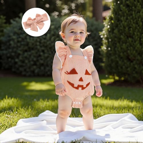 Newborn Halloween Outfit Infant Girls Pumpkin Smiling Face Embroidery Striped 1st Halloween Baby Girl Outfit4