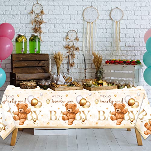 Image of CMUSKO Bear Baby Shower Decorations for Boy-3Pcs Brown Bear Theme Plastic Tablecloth Bear Baby Table Cover for Birthday Party Supplies