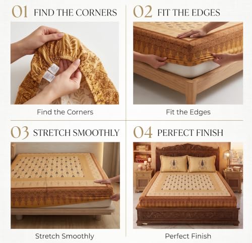 Image of VAS COLLECTIONS 240 TC Cotton King Size Fitted Bedsheet, Premium Soft Breathable Stretchable Mattress Sheet, Skin Friendly Durable Printed Bed Cover for Double Bed, 72 x 78 + 10 Inches - Honey Beige