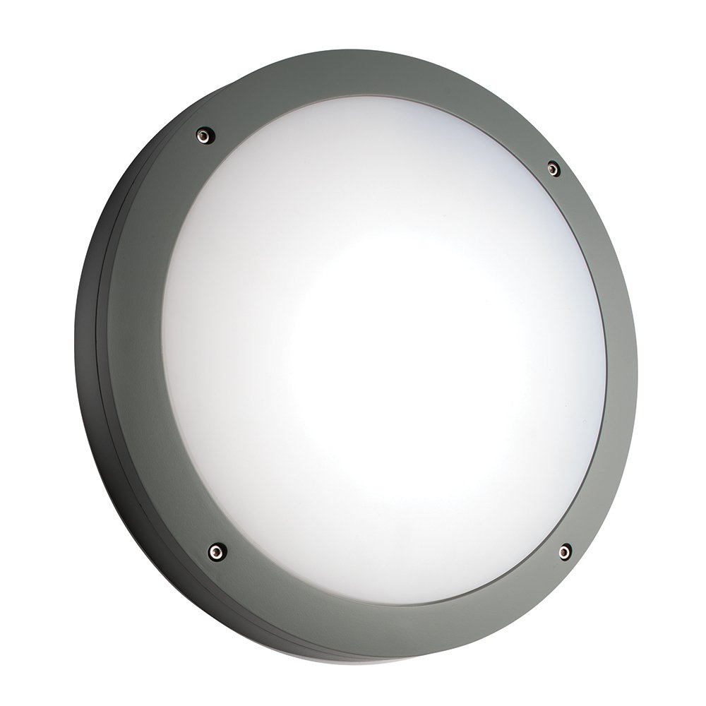 LUIK IP65 Outdoor 18W Plain Grey Round Security Porch Robust Polycarbonate Slimline LED Bulkhead Light with Microwave Sensor